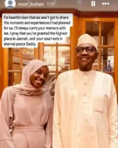 I’m heartbroken, Buhari’s daughter mourns late father. Credit: Instagram | noor_buhari,